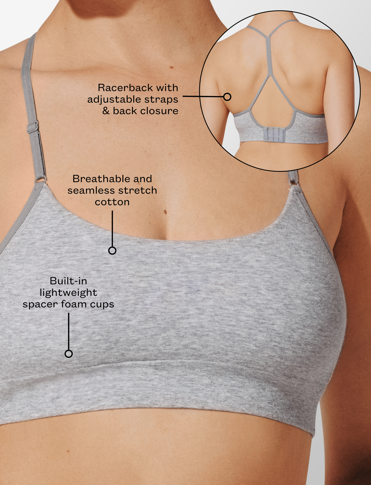 Seamless Stretch Cotton Wireless Bralette Gris chiné Braelia - vue 6